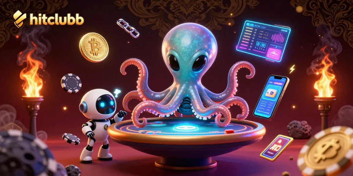 Engage in hitclubb strategies with 3D octopus managing a holographic poker table.