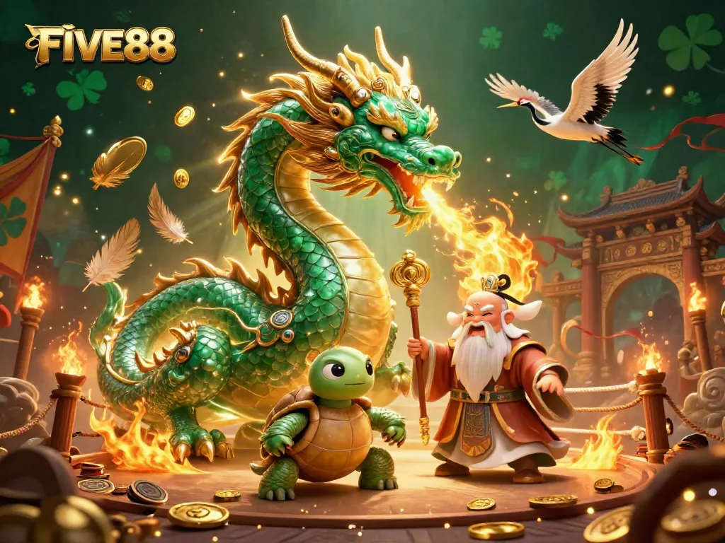 Engage with the magical world of FIVE88 featuring a jade dragon and lucky cranes, celebrating thrilling gaming.