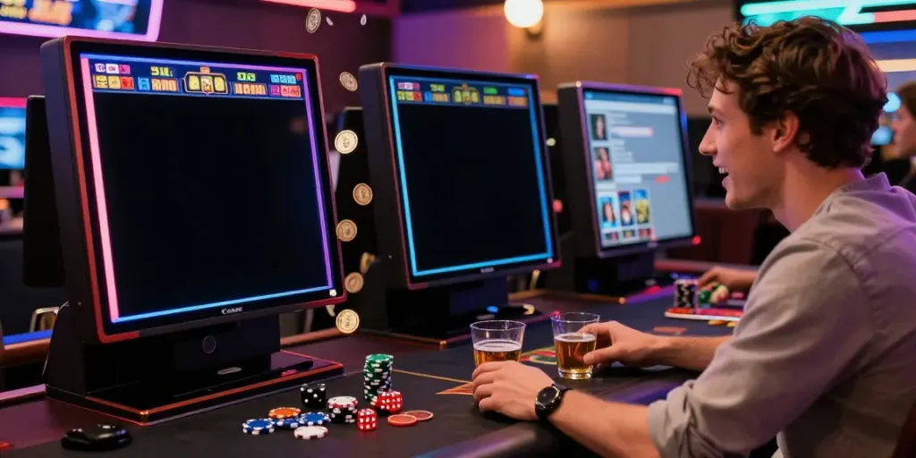 Excited player enjoying slot online games in a vibrant gaming room atmosphere.