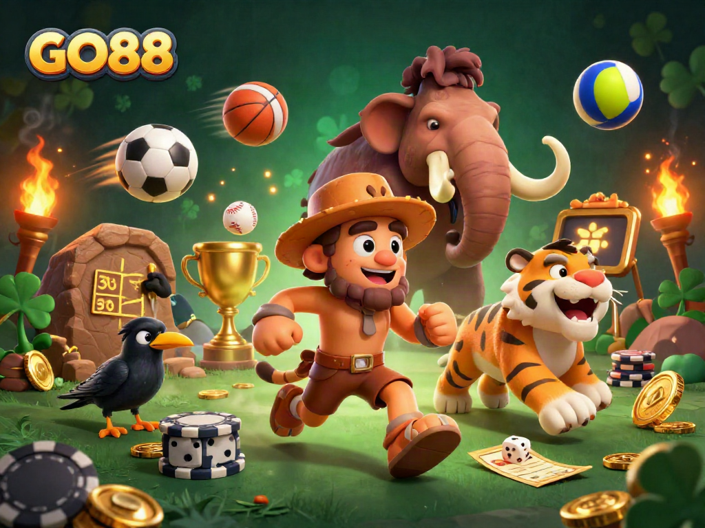 Engage with GO88 as the caveman duo and sabertooth tiger create a thrilling casino adventure.