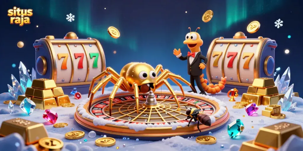 Gambarkan situs raja dengan laba-laba emas virtual dan elemen permainan slot, menciptakan pengalaman judi yang fantastis.