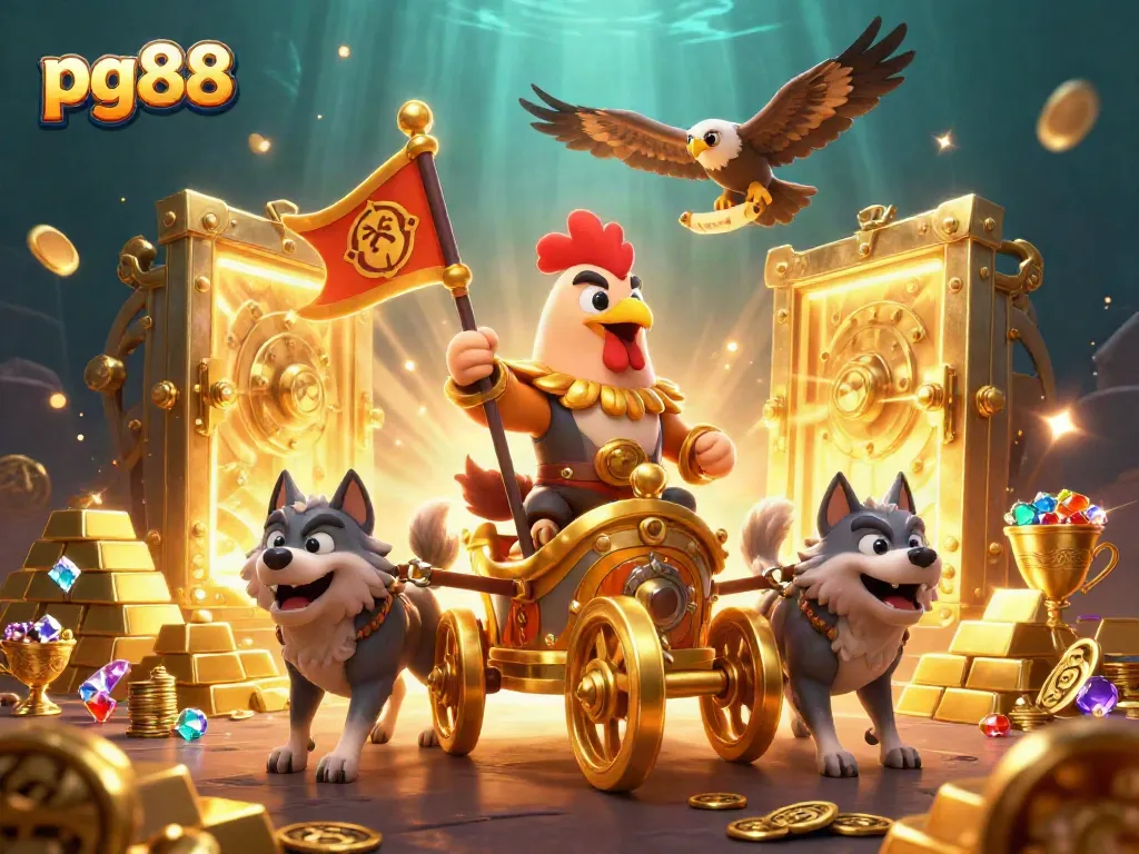 Experience the thrilling adventures of pg88 with a golden war chariot and treasure in this vibrant art.