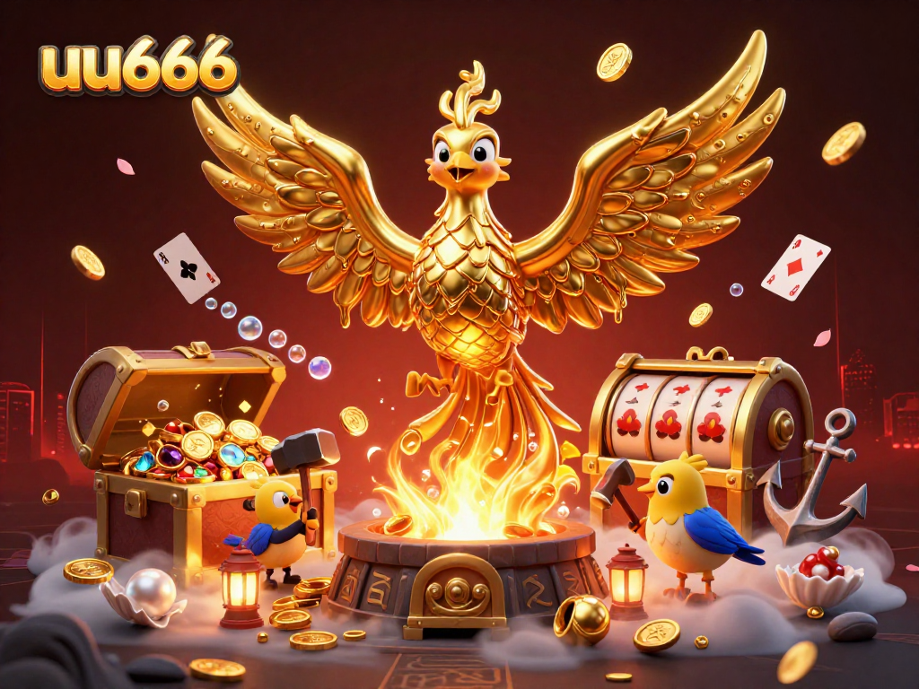 Engage with the electrifying action of uu666, featuring a molten golden phoenix amidst vibrant casino elements.