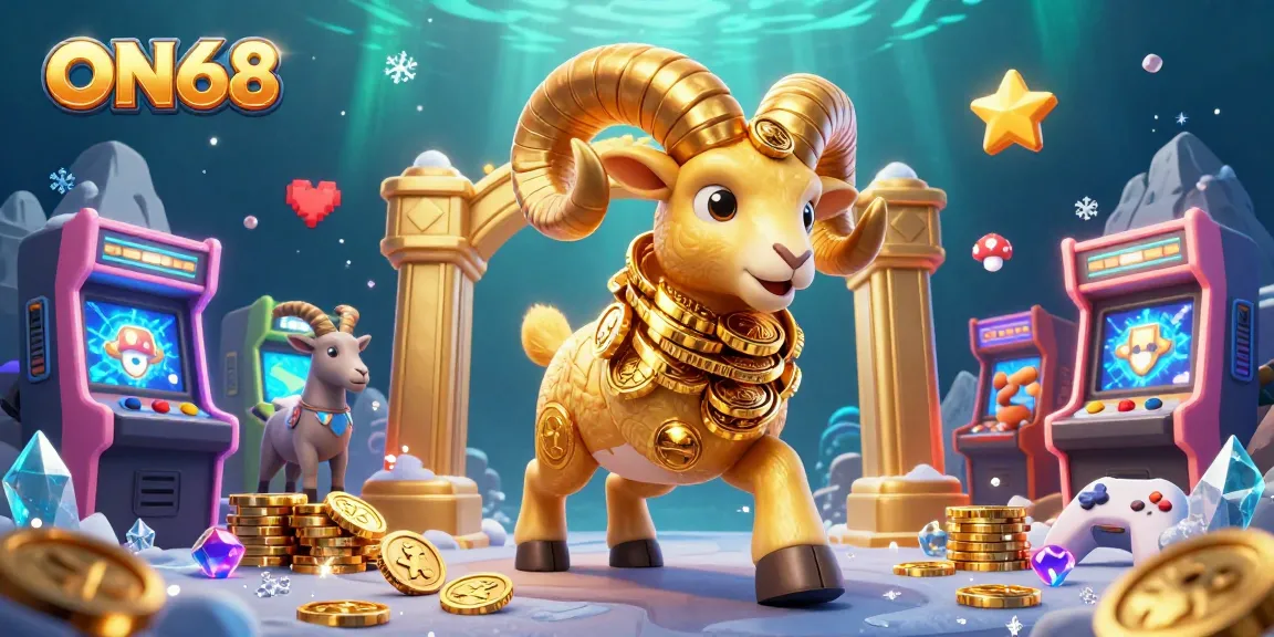 Experience thrilling action with ON68, featuring a massive golden ram and vibrant arcade games, in a stunning 3D scene.