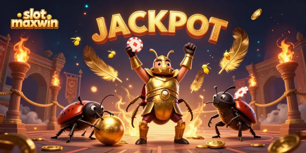 Mainkan slot maxwin dengan kemenangan jackpot dalam ilustrasi terbuka penuh warna dan detail.