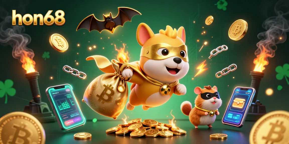 Win big with hon68 in this exciting 3D illustration featuring a heroic dog with gold coins and casino elements.