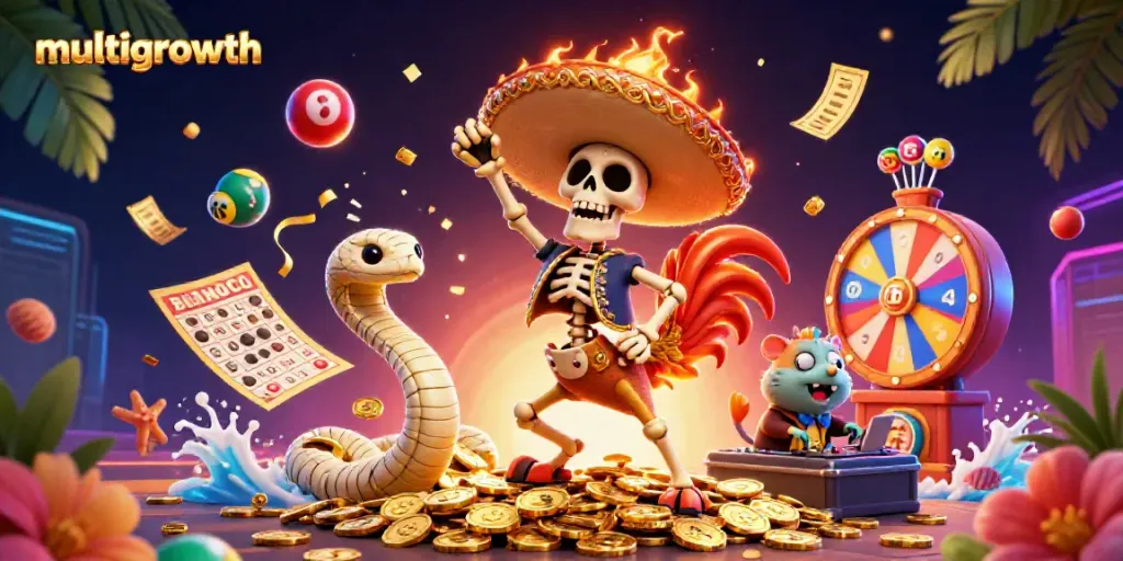 Engage in multigrowth casino fun with a colorful 3D illustration of animated characters celebrating on a treasure pile.