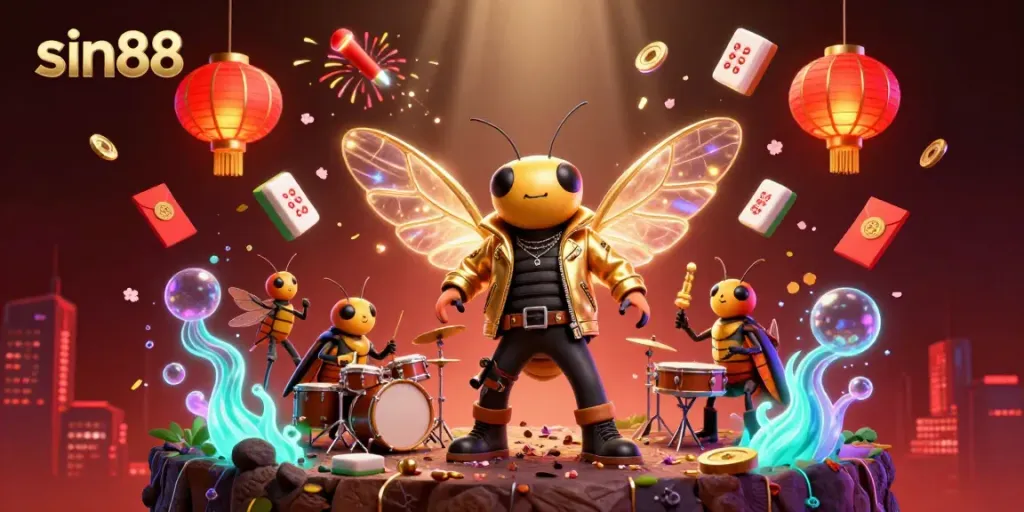 Engage with sin88 through a vibrant 3D scene of a cicada rock star with electric wings and colorful casino elements.