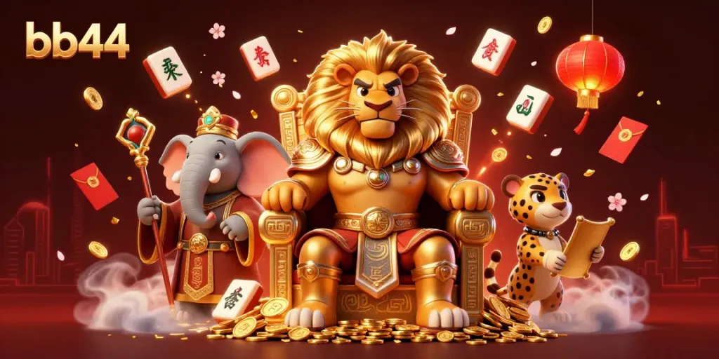 Engaging bb44 scene with a lion king and casino elements filled with festive energy.