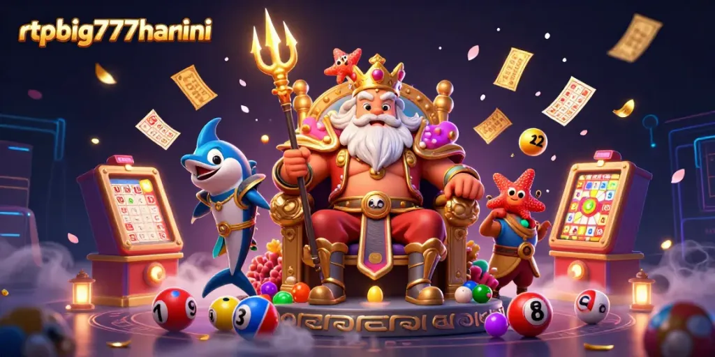 Engage with rtpbig777hariini's immersive lottery scene featuring Neptune and vibrant gaming elements.