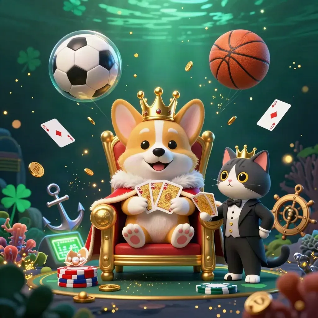 Crowned corgi and cat butler amid soccer, basketball, coins, coral, and treasure-cove glow.