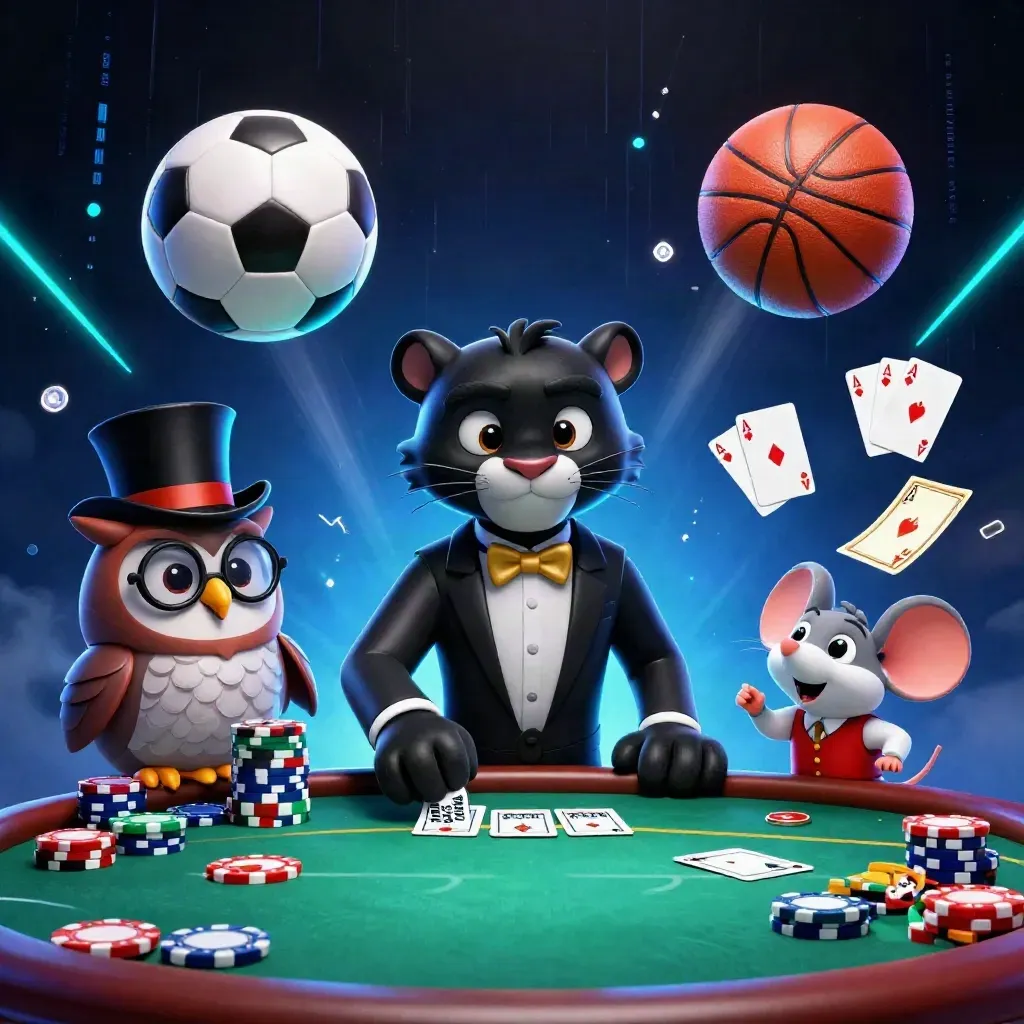 Panther, owl, and mouse at a glowing casino table amid flying balls, chips, and electric light.