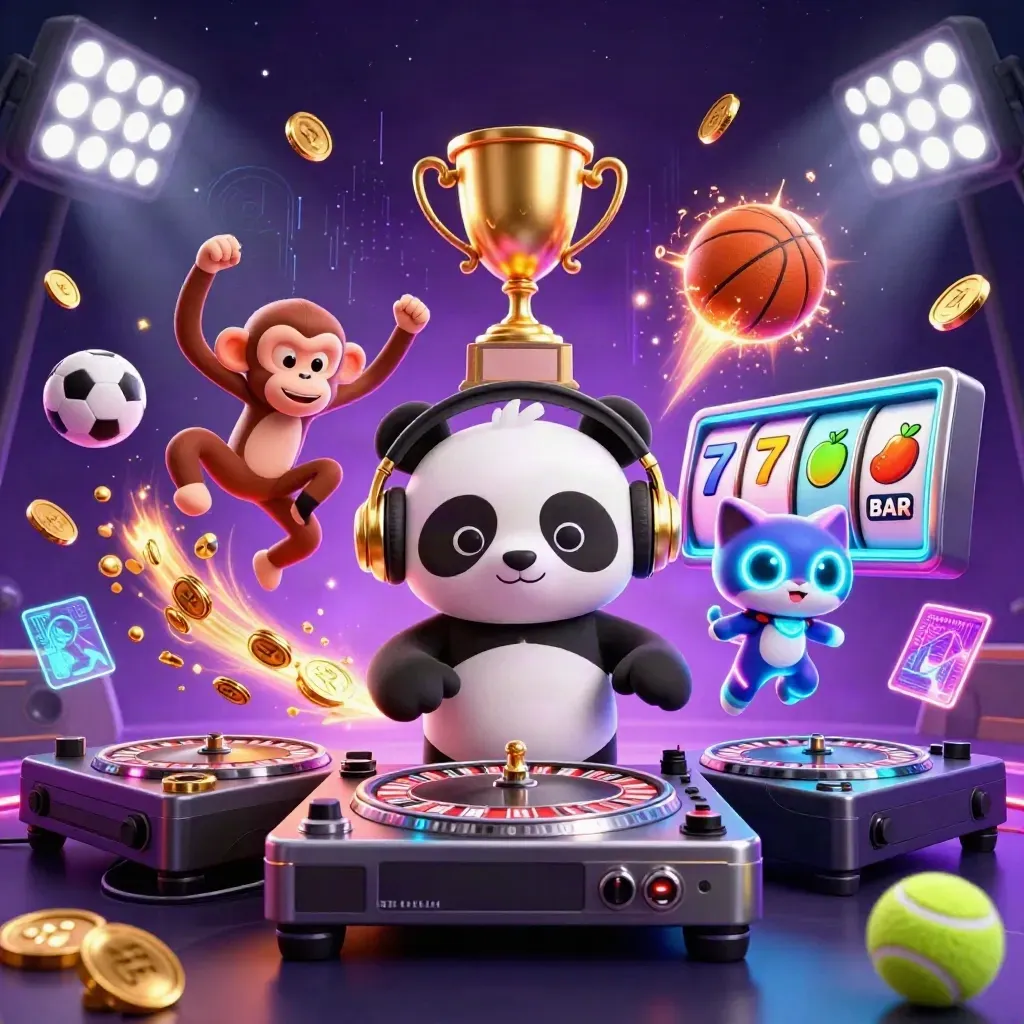 DJ panda, breakdancing monkey, and glow-stick kitten amid neon casino chaos and flying sports balls
