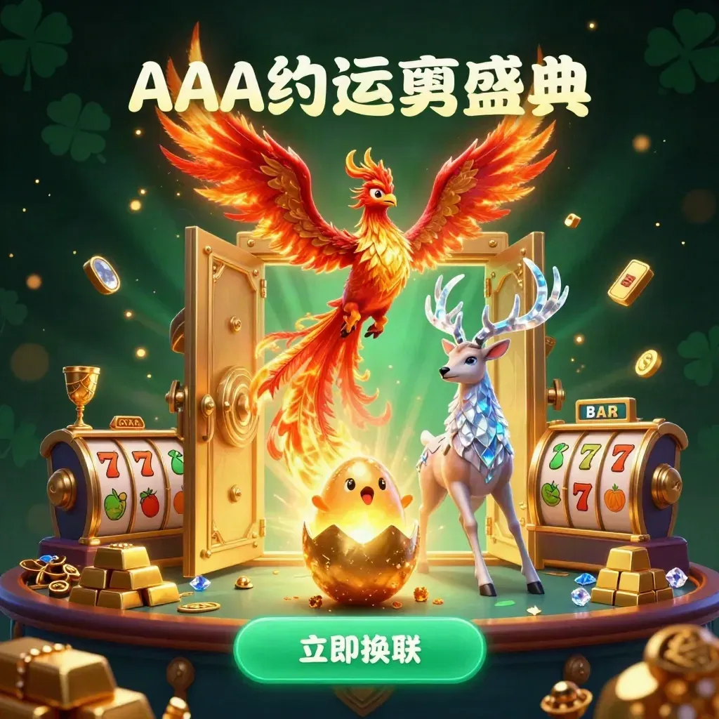 Fire phoenix, baby phoenix, and crystalline stag amid vault light, gold, and slot symbols.