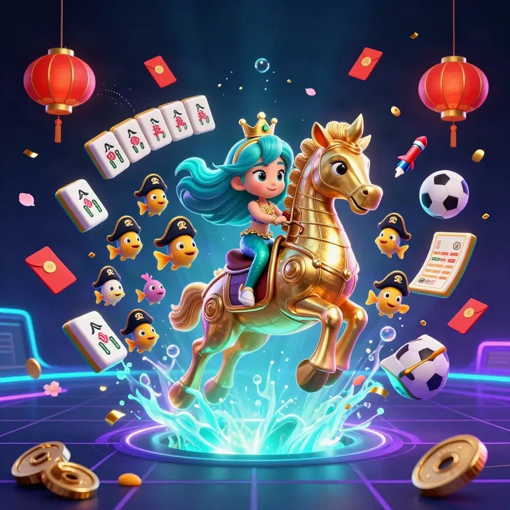 Mermaid princess on armored seahorse amid casino props, neon fish, lanterns, coins, and sports balls.