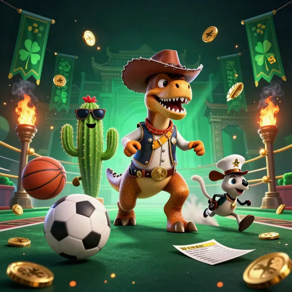 Cowboy T-Rex trio with sports balls, coins, embers, temple gate, and casino glow.