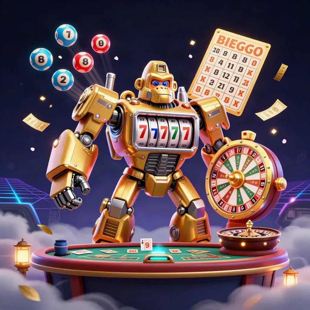 Golden gorilla mech with tiny monkey pilot, neon casino effects, spinning reels, and dark luxe lighting.