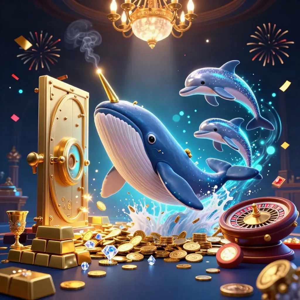 Whale captain, narwhal, and dolphins in a luxe casino storm of coins, vault light, and neon sparkles.