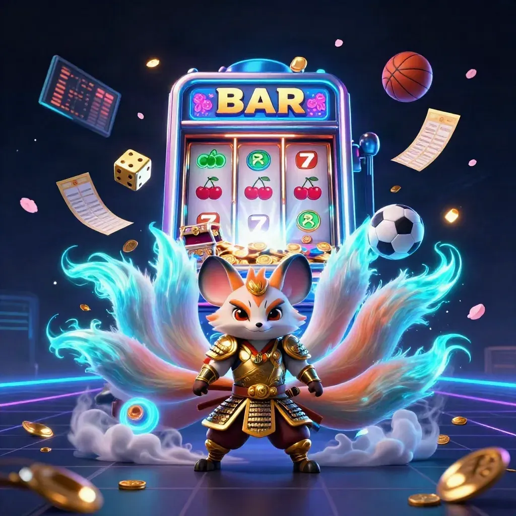 Neon fox spirit and samurai mouse amid slot bursts, flying sports balls, gold coins, and cyan haze.