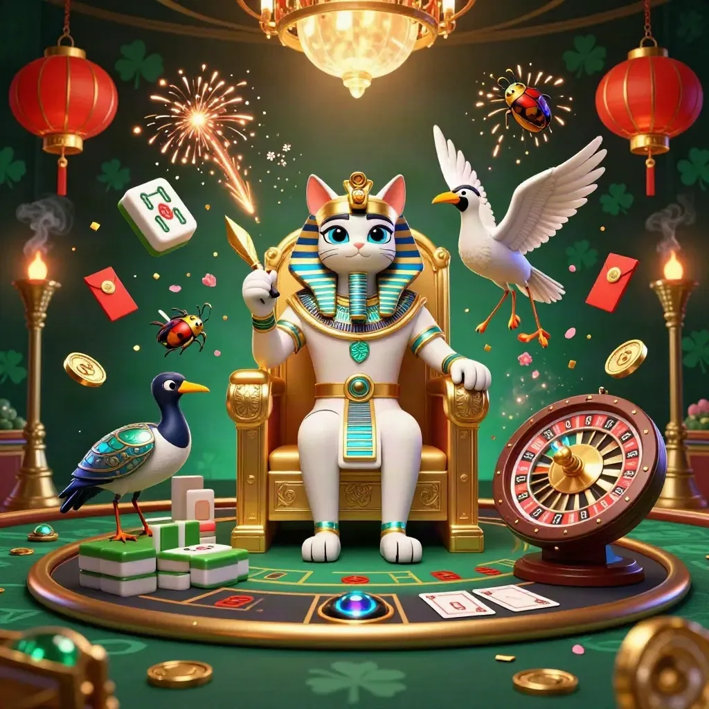 Pharaoh cat, ibis scribe and gem-wing scarabs in a luxe casino room with glowing coins and lanterns
