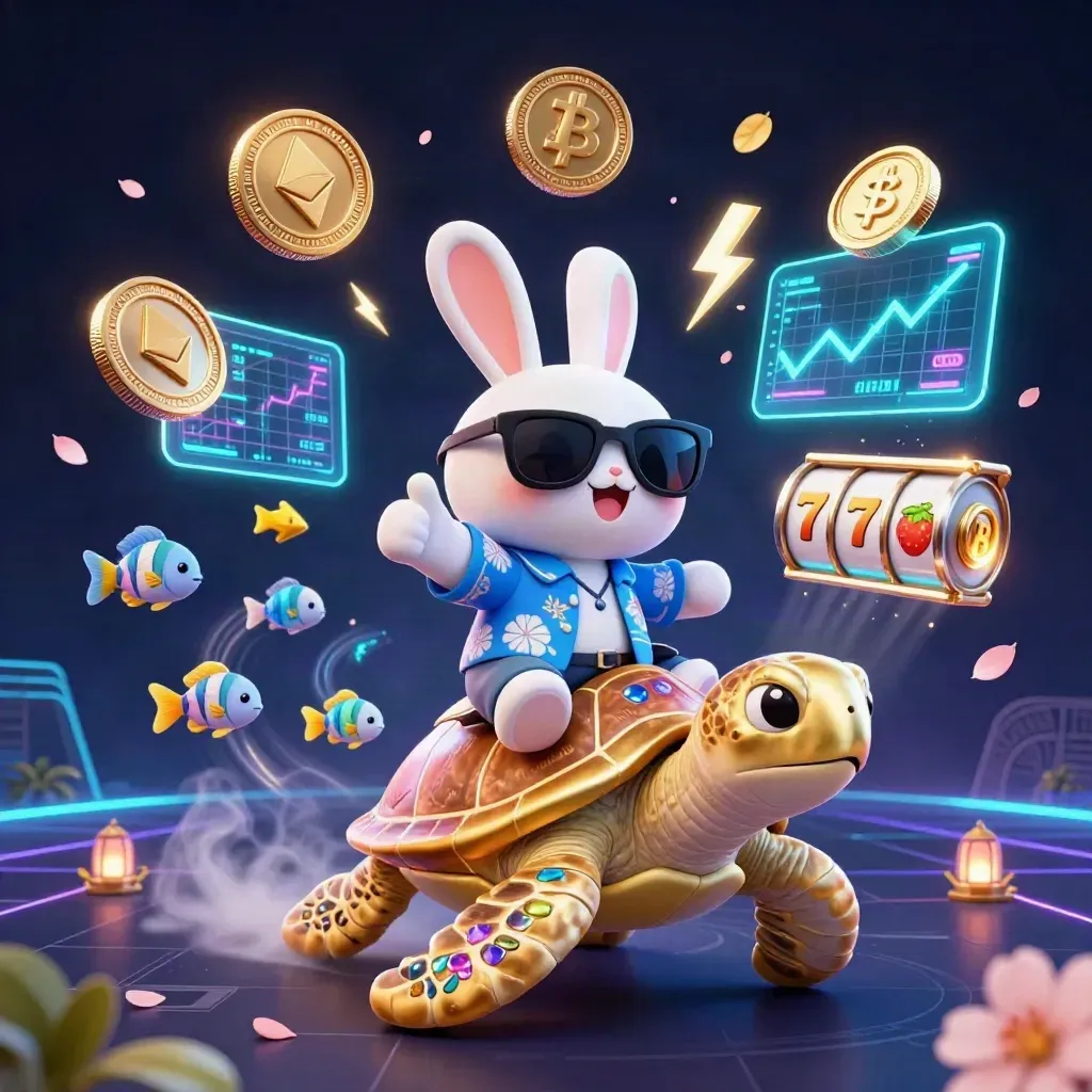 Lucky rabbit on a gem turtle amid coins, lightning, runes and neon casino effects