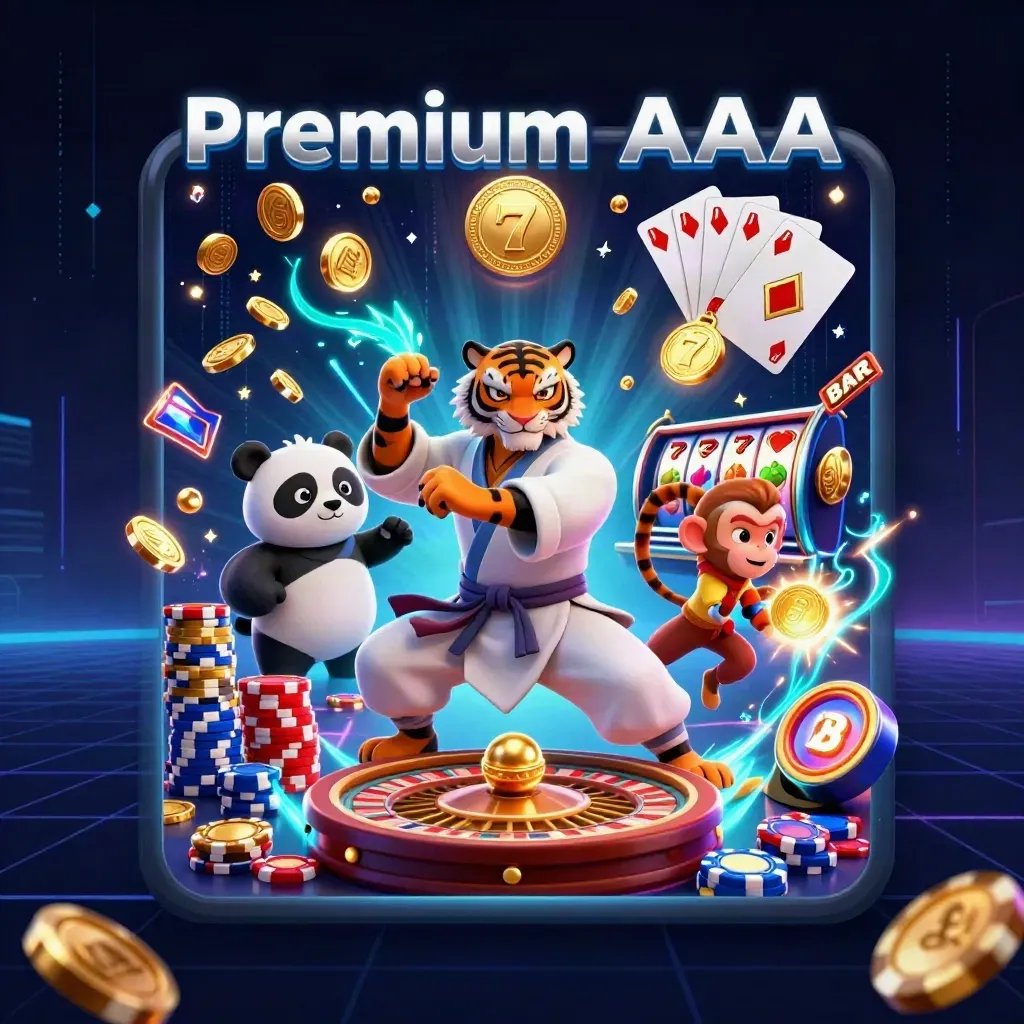 Tiger, panda, and monkey in a neon casino action scene with coins, chips, cards, and roulette wheel.