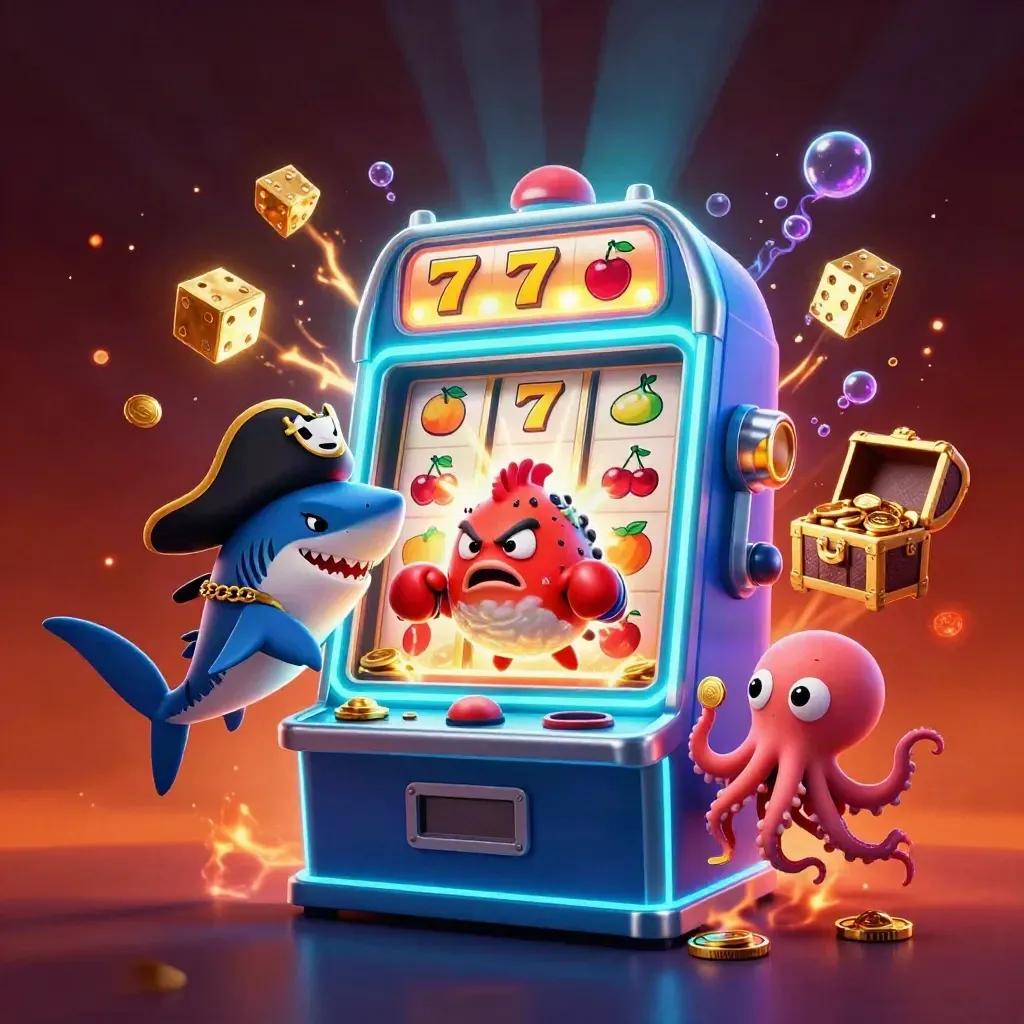 Pirate shark, boxing pufferfish, and coin-juggling octopus amid a slot machine burst and treasure.