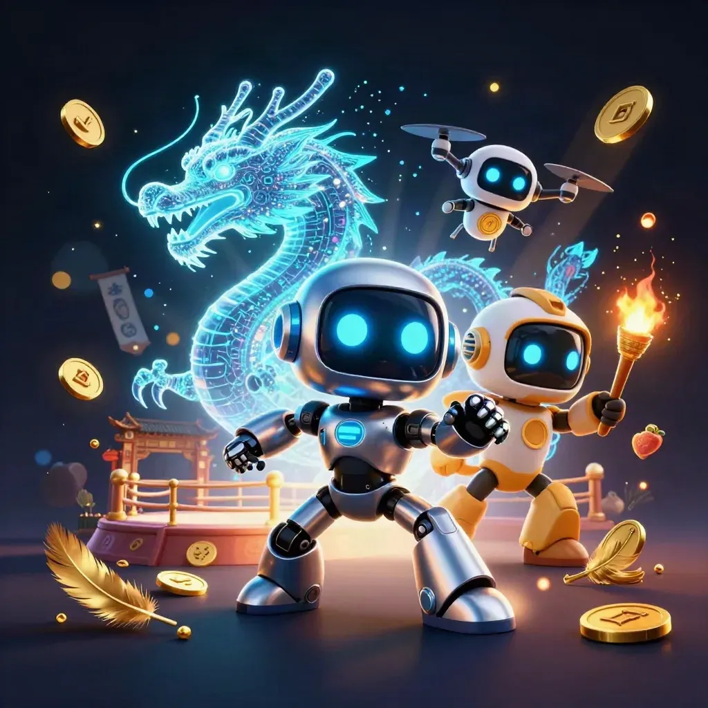 Cyberpunk robot, holographic dragon and coin drone amid temple gate, coins, cyan glow.