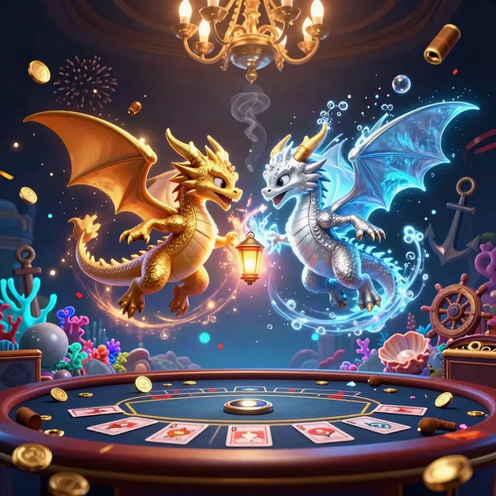 Twin gold and silver dragons amid treasure cove casino glamour, cyan glow, coins, coral, and a spinning wheel