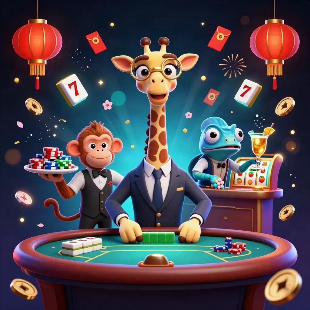 A giraffe, monkey and chameleon casino trio amid neon cyan effects and flying gold game pieces