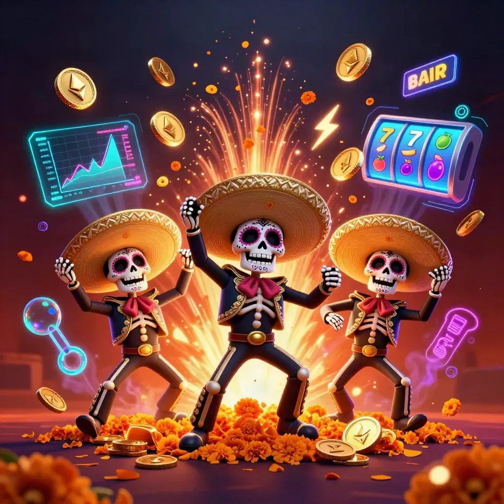 Three skeleton mariachi mascots amid exploding coins, neon slots, and casino fireworks.