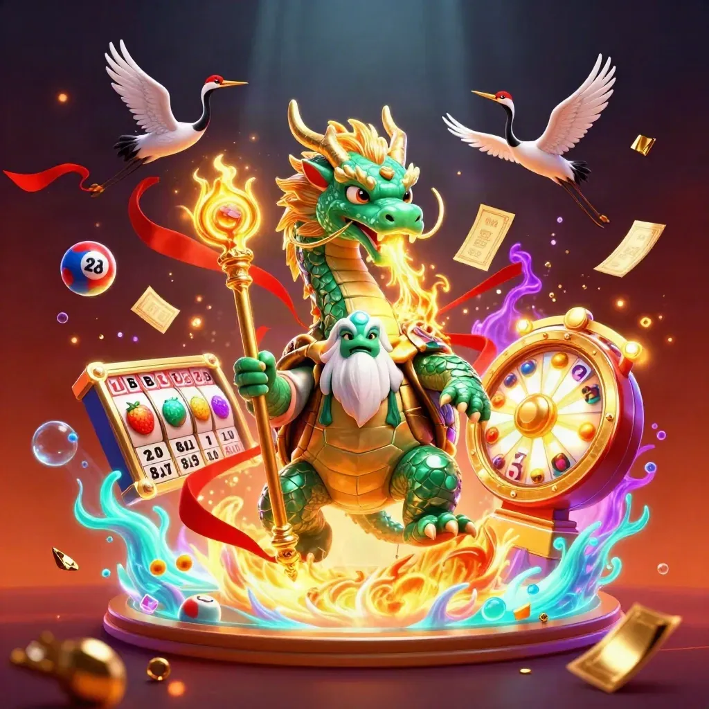 Emerald dragon, turtle sage, and cranes amid casino loot, cyan glow, embers, and dark fantasy energy.