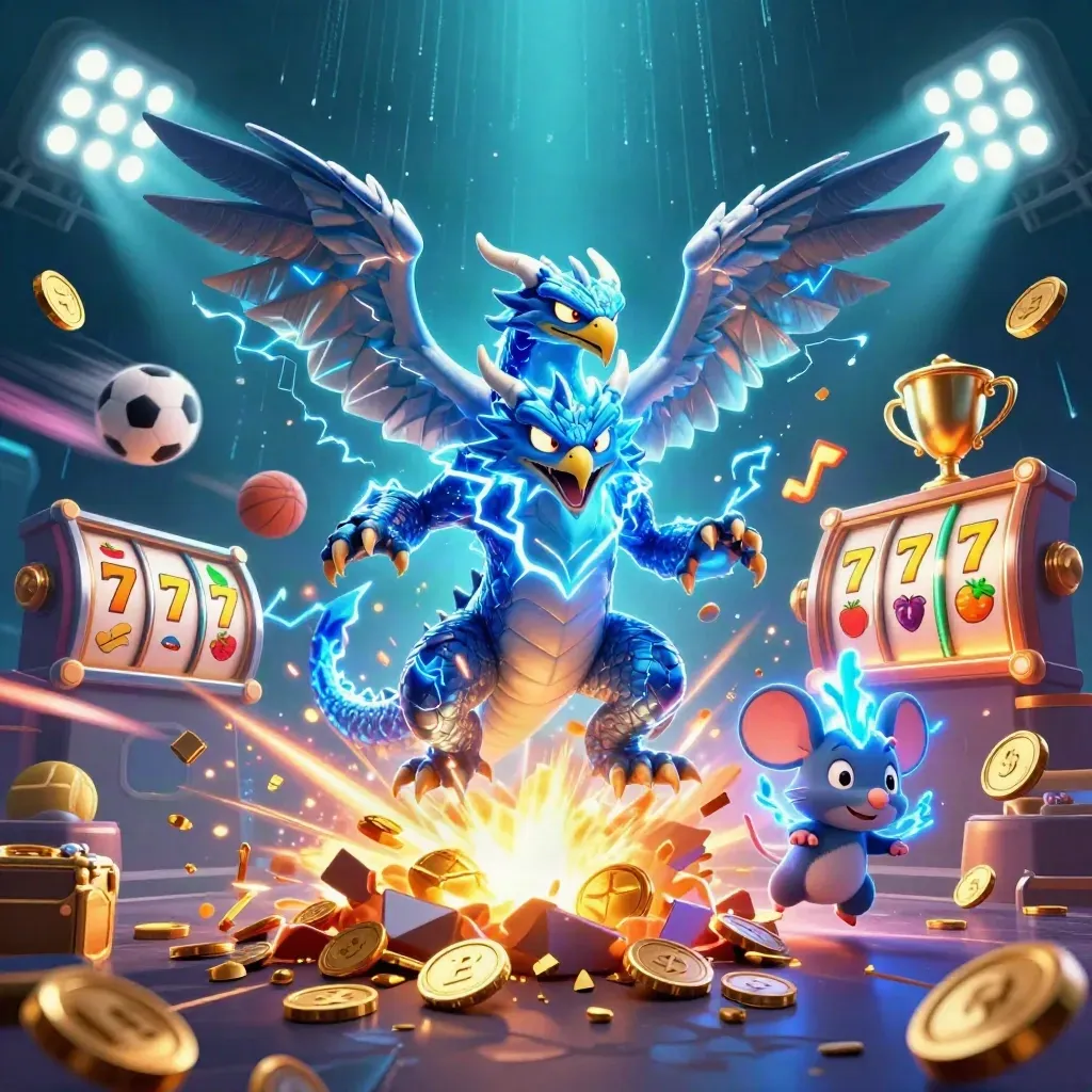Thunder dragon, wind hawk, and static mouse burst from a coin vault with glowing slots and neon storm energy.