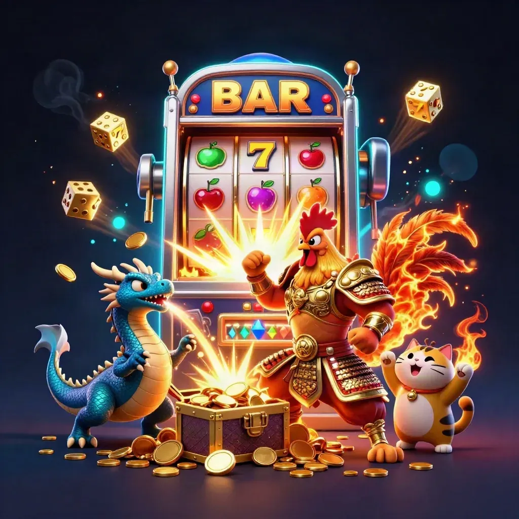 Rooster warrior, dragon hatchling, and fortune cat amid slot reels, coins, chest, and fireworks