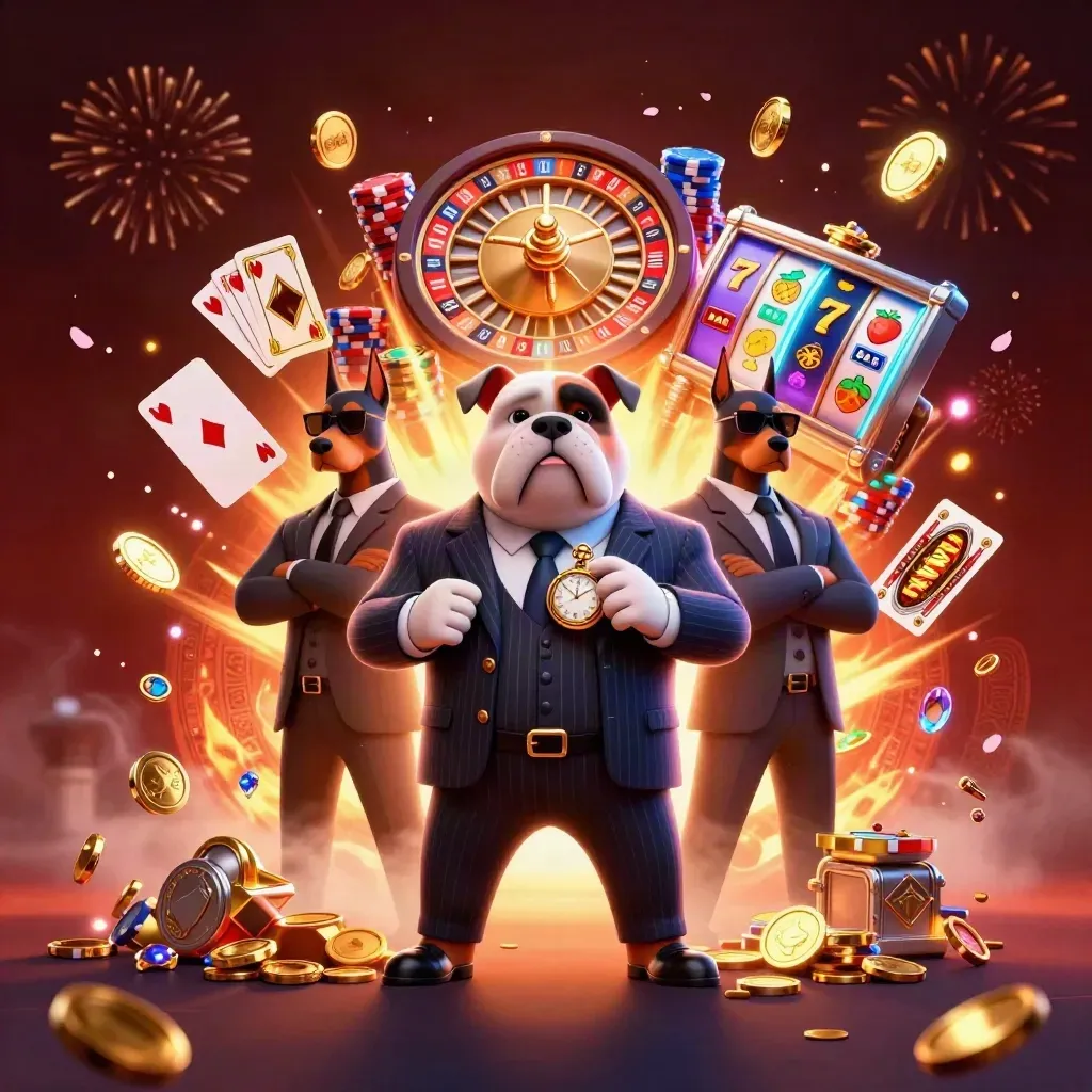 Bulldog boss with two Dobermans amid coins, chips, reels, fireworks, and dark casino glow.