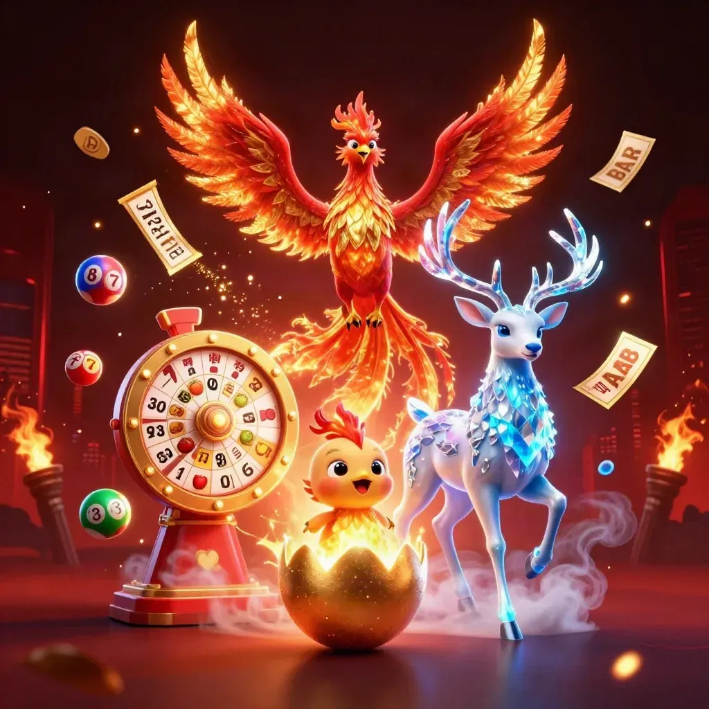 Fire phoenix, baby phoenix, and crystalline stag amid casino reels, balls, tickets, and glowing sparks