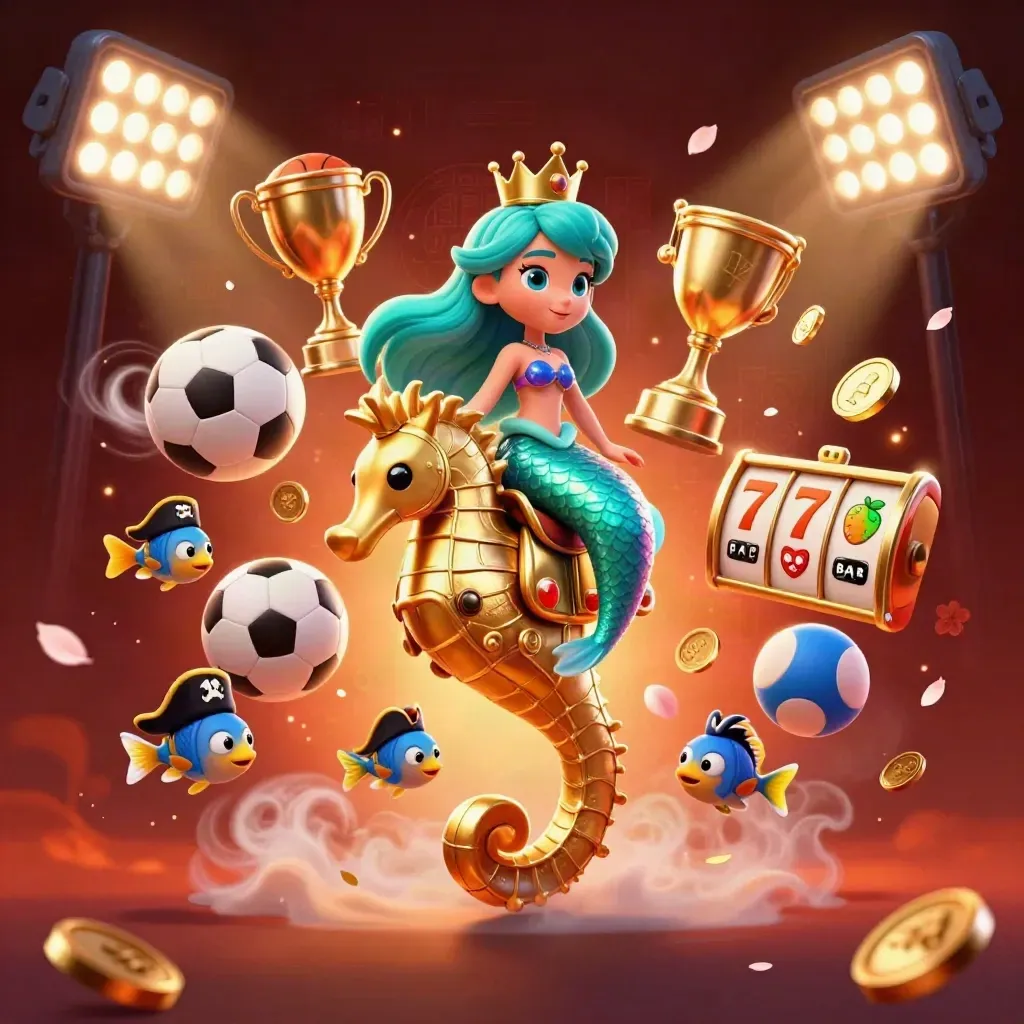 Mermaid princess on armored seahorse, pirate fish, glowing casino sports symbols, dark fiery backdrop
