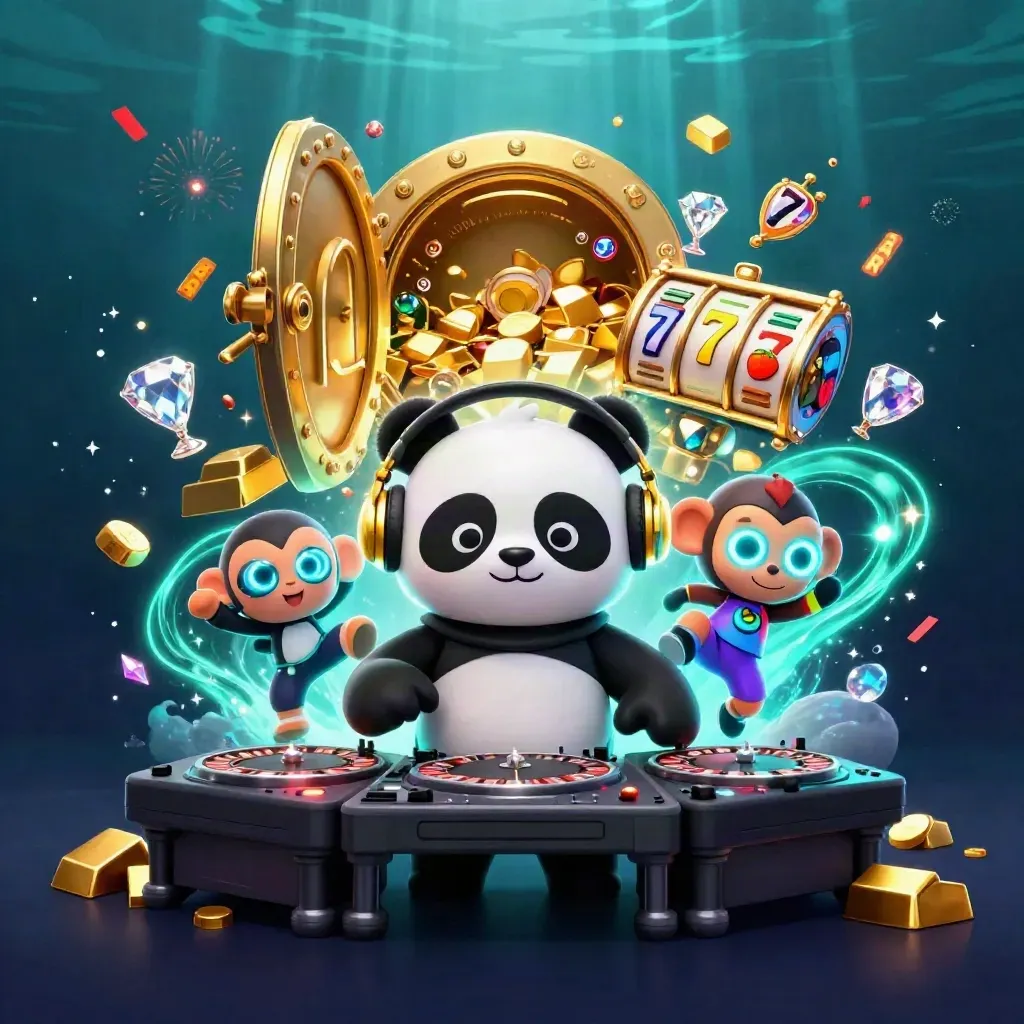 Panda DJ, dancing monkey and rave kitten amid treasure, reels, gems and cyan glow underwater.