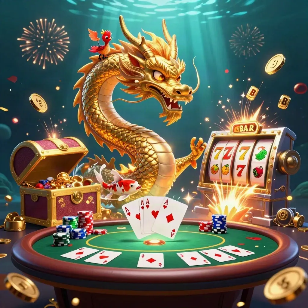 Golden dragon, phoenix and koi amid coins, poker chips, slots, fireworks, and underwater glow.