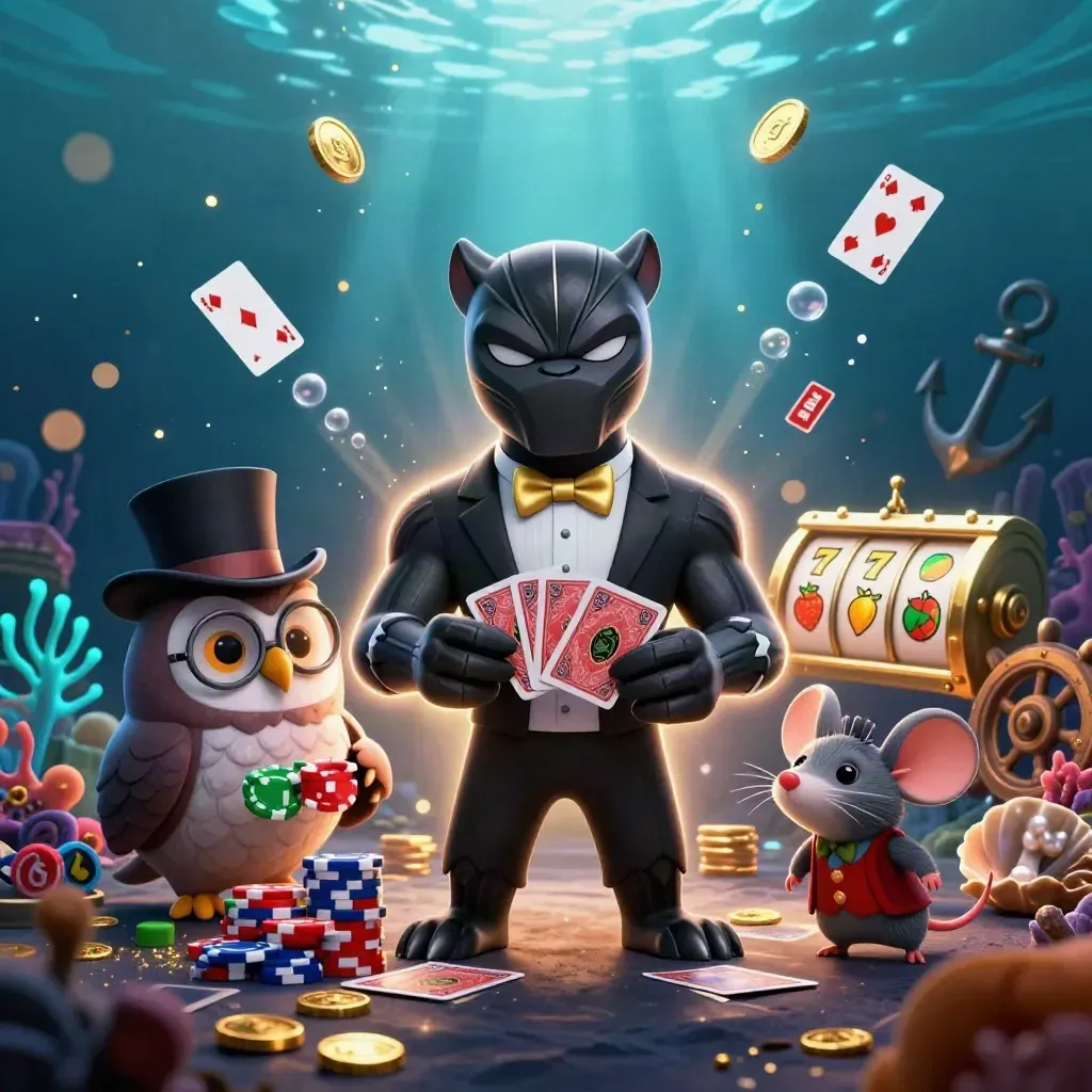 Panther, owl, and mouse deal cards amid a glowing underwater treasure cove with chips, coral, and slot reels.