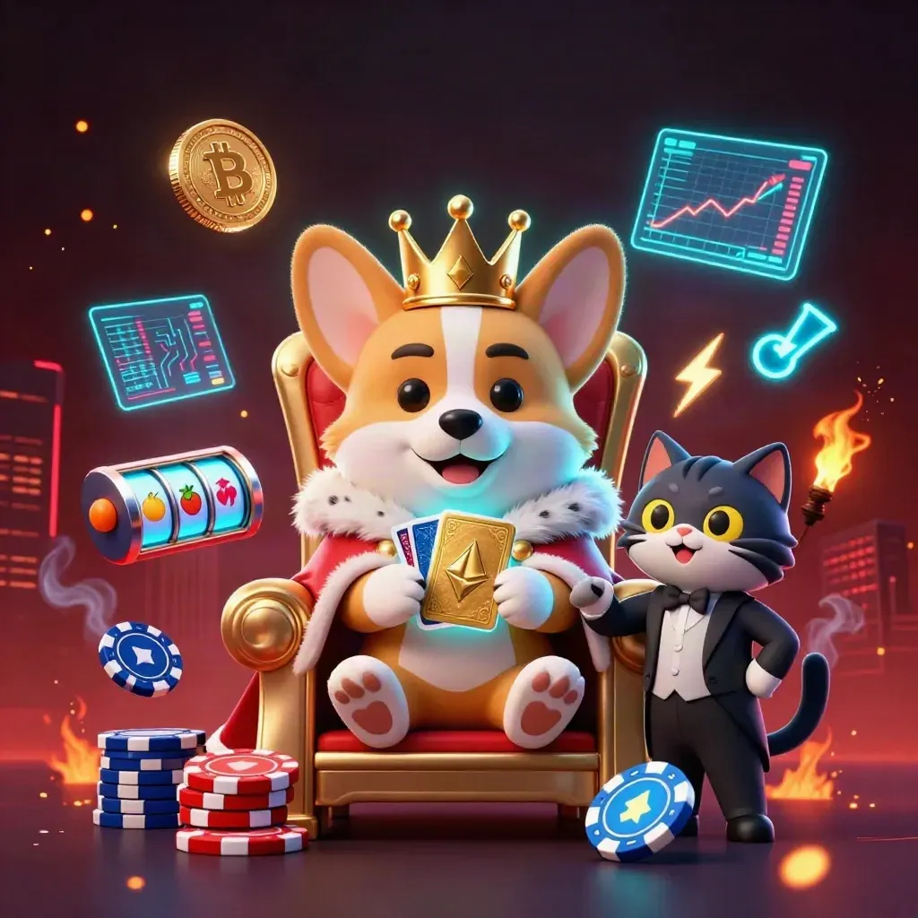 Crowned corgi king and cat butler on chip throne, with glowing coins, reels, embers, and neon cyber effects.