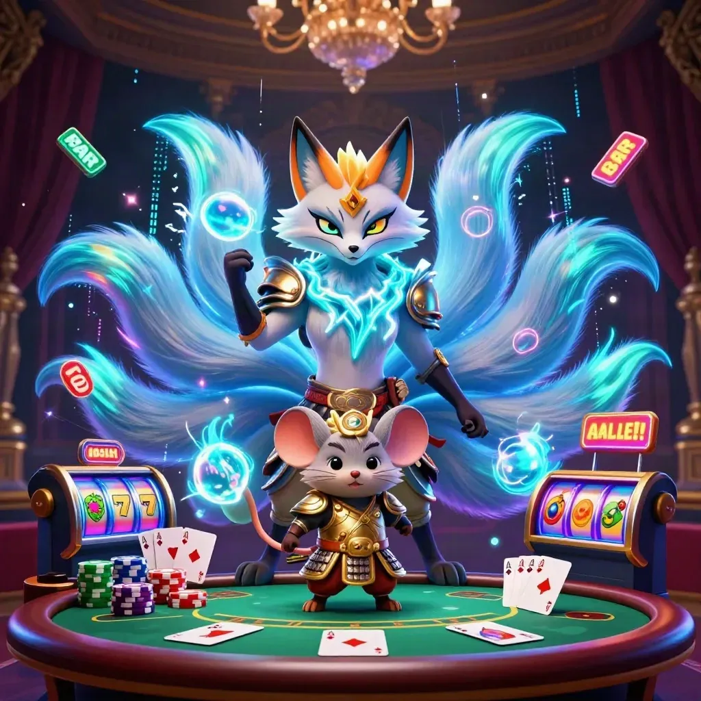 Nine-tailed fox spirit and golden mouse amid casino cards, chips, reels, and neon energy