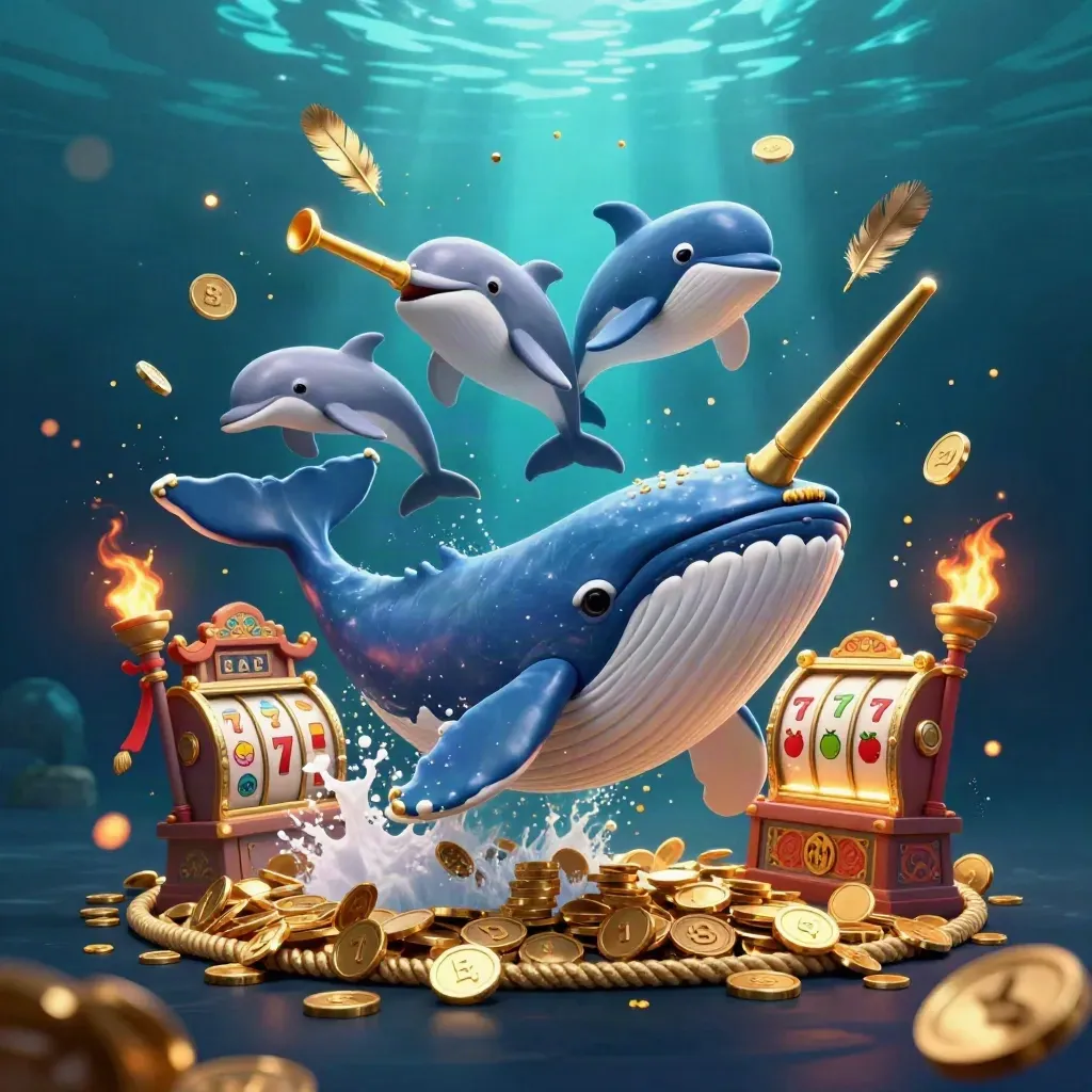 Whale captain, narwhal, and dolphins in a neon casino sea of coins and glowing slots.