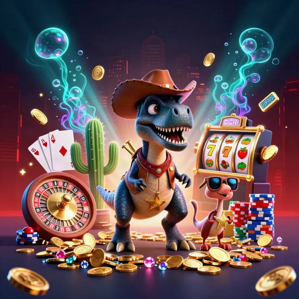 Cowboy T-Rex, cactus, and roadrunner amid coins, reels, and neon casino glow.