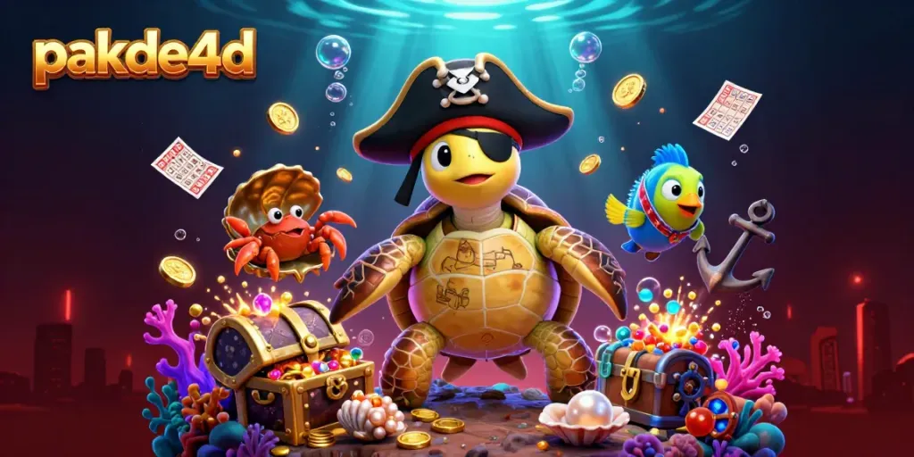 Experience the excitement of pakde4d with a vibrant scene featuring a pirate turtle and prizes.