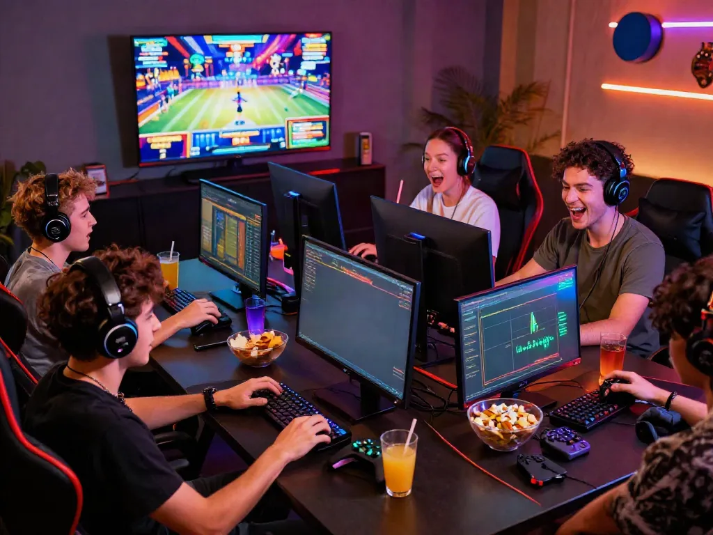 Friends enjoying ทดลองสล็อต in a modern gaming setup with LED lights and monitors.