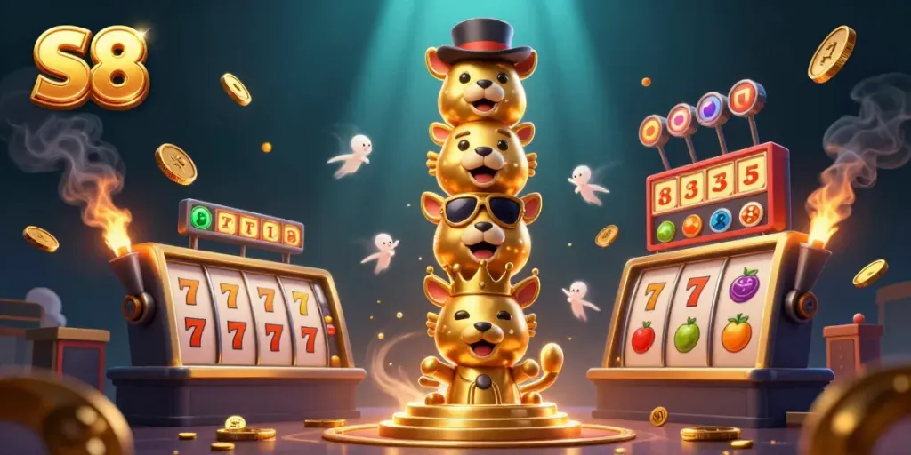 Spin the reels with S8 in this vibrant 3D illustration featuring a lively casino atmosphere.