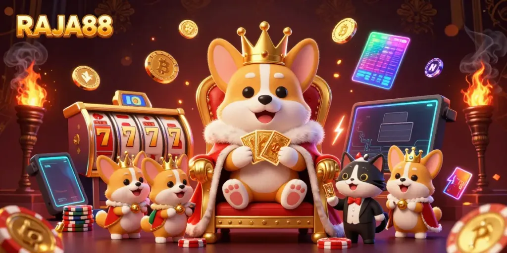 Menyajikan pengalaman judi terbaik dengan RAJA88, corgi kerajaan secara kartun dikelilingi simbol slot dan mata uang kripto.