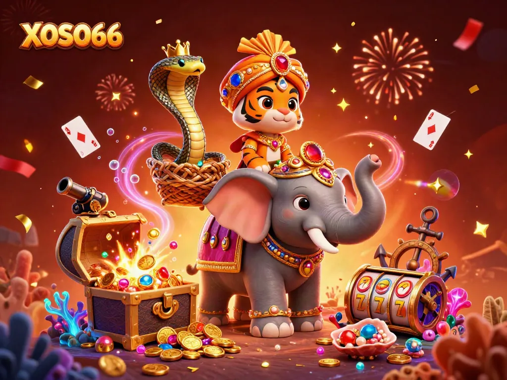 XOSO66 offers thrilling casino action with a vibrant scene of games, rich characters, and fireworks.