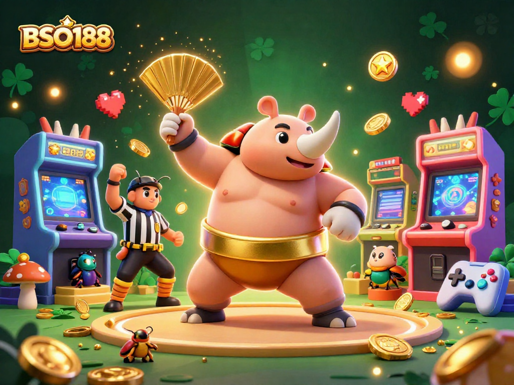 Experience thrilling gameplay with BSO188, featuring vibrant 3D characters, golden coins, and arcade excitement.